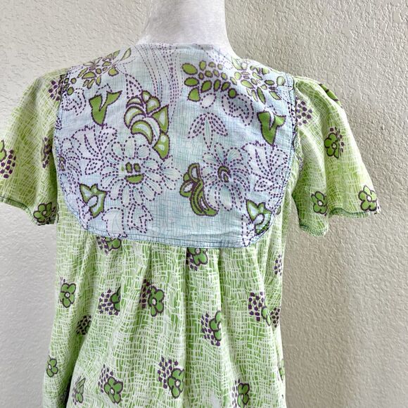 Vintage Loungees Small Green Blue Floral Mumu House Sleep Dress Kaftan Pockets - Picture 8 of 11